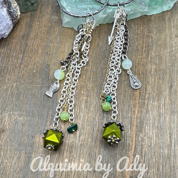 Peridot fringe extra long statement charms tassel hoop earrings gunmetal fringe - Picture 2 of 8